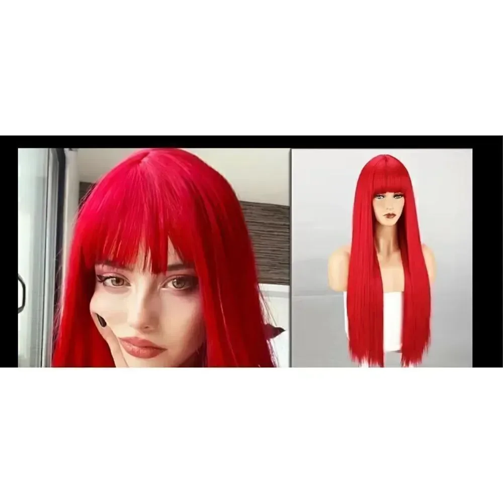 Beautiful red wig with bangs 22 inch synthetic heat resistant